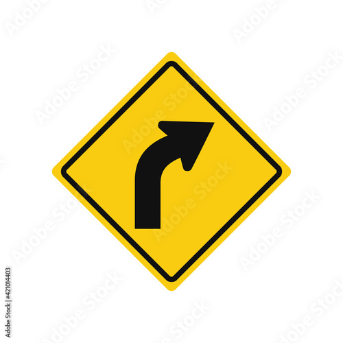 Rhomboid traffic signal in yellow and black, isolated on white background. Warning of sharp right curve
