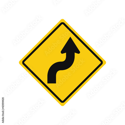 Rhomboid traffic signal in yellow and black, isolated on white background. Warning of reverse turn starting with right turn