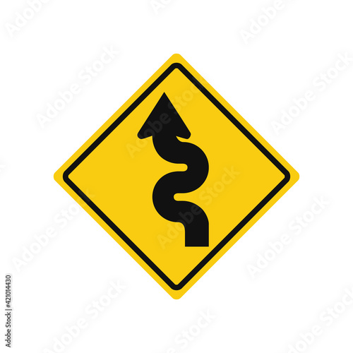 Rhomboid traffic signal in yellow and black, isolated on white background. Warning of winding road