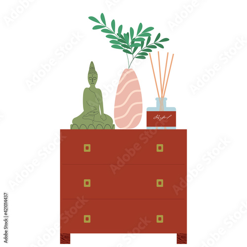 Stylish burgundy chest of drawers or bedside tables isolated on a white background. Vector home decor: a figurine of a buda, a vase with a plant, reed diffuser.