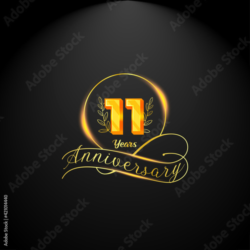 Elegant golden 11 years anniversary logo template. luxury retro vintage style. vector illustration