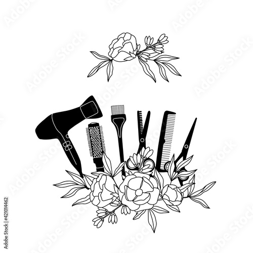 Hairdressing scissors, comb, hair dye brush, hair dryer and flower, logo in minimalist and vintage style. Vector illustration for interior design, flyer, business card and poster.