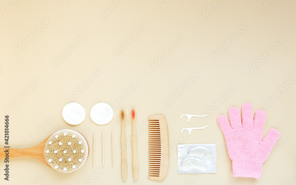 Obraz premium Set for care of skin body, bath accessories. Massage glove,brushes, gel patches, cleaning toothbrush and dental floss