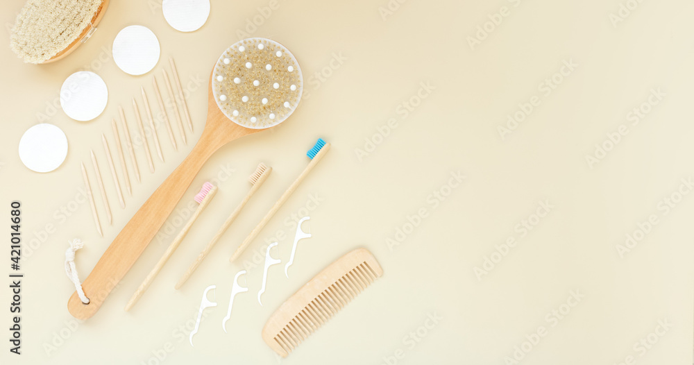 Body or face care concept. Beauty treatments at home or in the salon. Minimal flat lay over beige background.brush for dry massage,toothbrush,hair brush. Top view,flat lay. Place for text. Body or face care concept. Beauty treatments at home or in the salon. Minimal flat lay over beige background.brush for dry massage,toothbrush,hair brush. Top view,flat lay. Place for text.