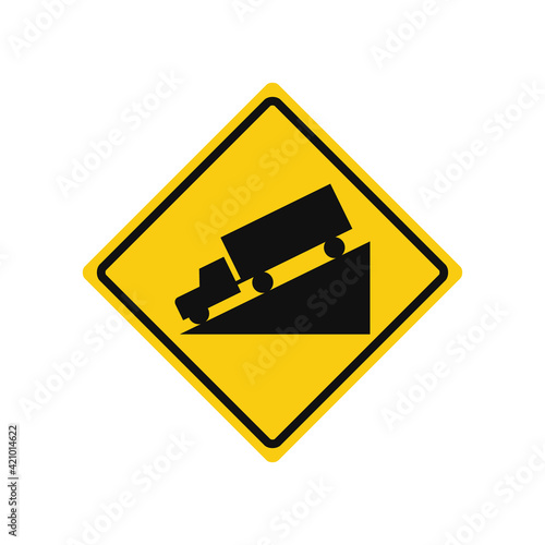 Rhomboid traffic signal in yellow and black, isolated on white background. Warning of steep descent