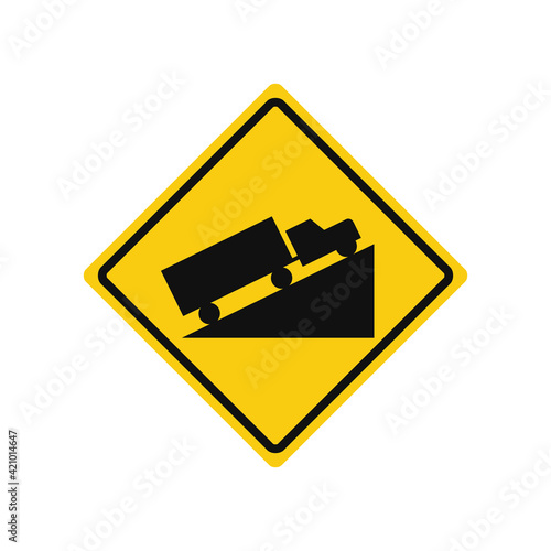 Rhomboid traffic signal in yellow and black, isolated on white background. Warning of steep ascent