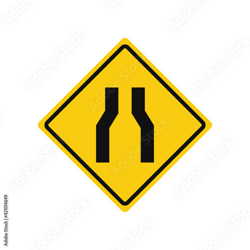 Rhomboid traffic signal in yellow and black, isolated on white background. Warning of narrow road ahead