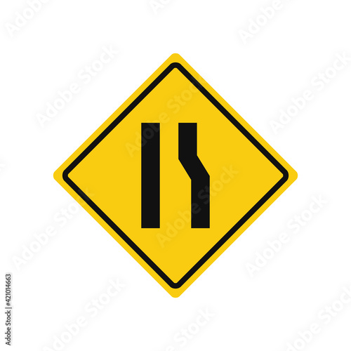 Rhomboid traffic signal in yellow and black, isolated on white background. Warning of narrow road ahead on right side