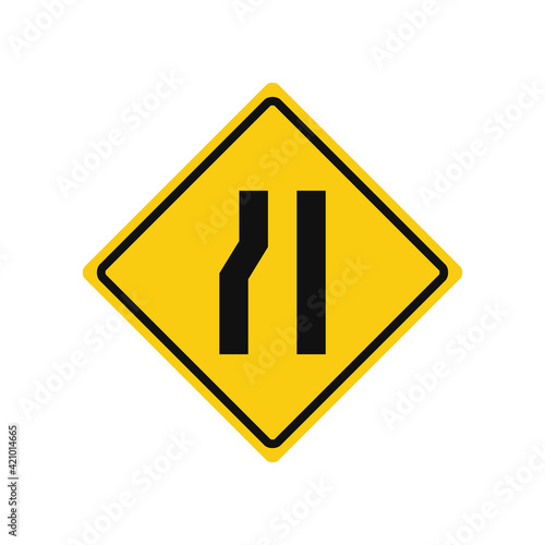 Rhomboid traffic signal in yellow and black, isolated on white background. Warning of narrow road ahead on left side