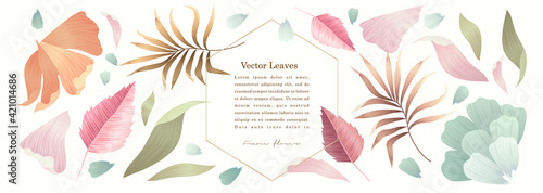 A set of vector elements of vegetation, leaves, flowers, branches. Pastel, watercolor. Brush strokes.