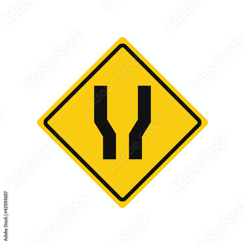 Rhomboid traffic signal in yellow and black, isolated on white background. Warning of wide road ahead