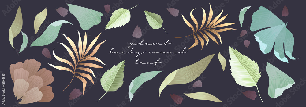 A set of vector elements of vegetation, leaves, flowers, branches on a dark background. Pastel, watercolor. Brush strokes. A set of vector elements of vegetation, leaves, flowers, branches on a dark background. Pastel, watercolor. Brush strokes.