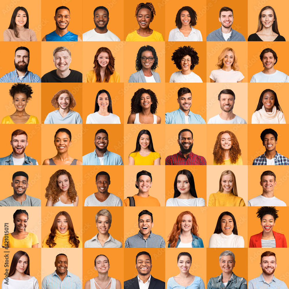© Prostock-studio - Collection Of Multicultural Happy People Faces Posing Over Orange Background © Prostock-studio - Collection Of Multicultural Happy People Faces Posing Over Orange Background