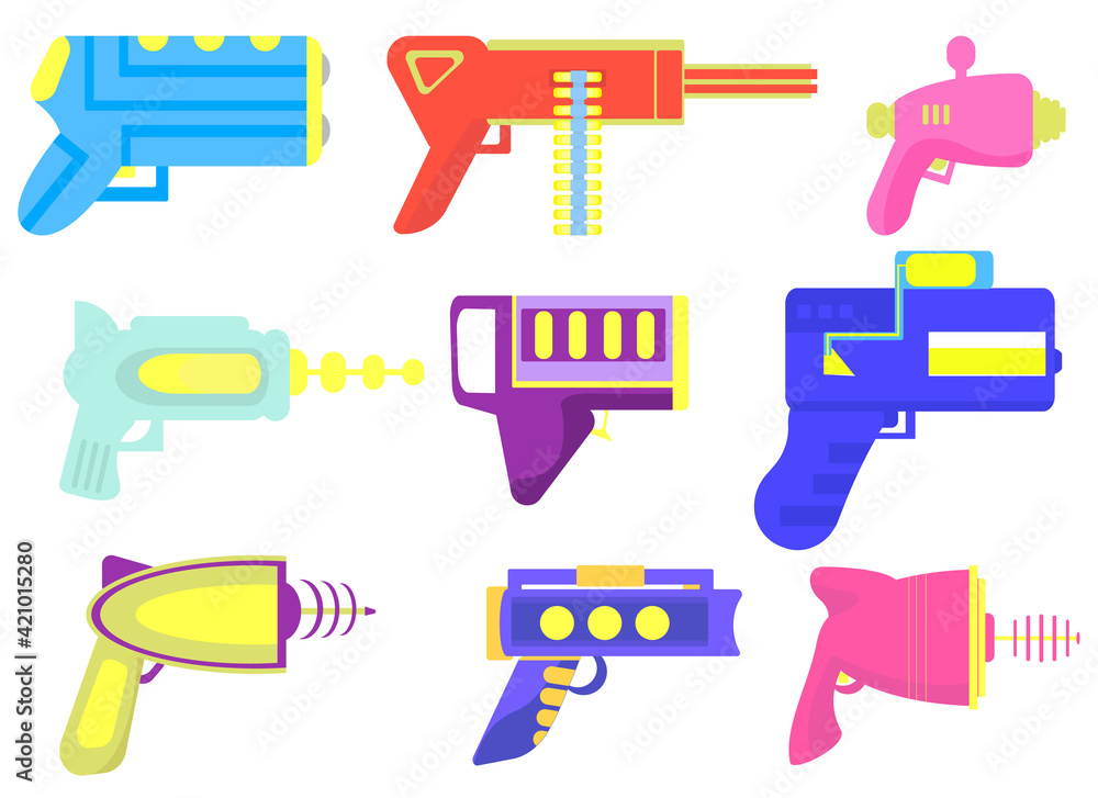 Set of vector bright blasters in simple flat style isolated on white background. Fantastic gun. Set of vector bright blasters in simple flat style isolated on white background. Fantastic gun.