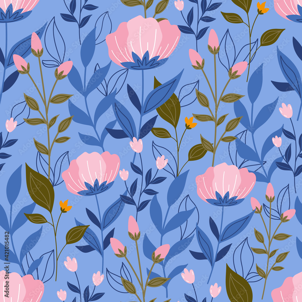 Fototapeta premium botanical seamless pattern with blue color