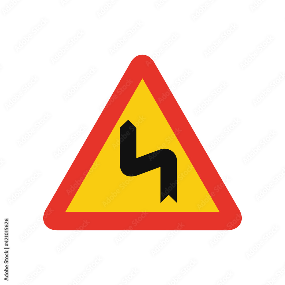 Triangular traffic signal in yellow and red, isolated on white background. Temporary warning of left reverse bend Triangular traffic signal in yellow and red, isolated on white background. Temporary warning of left reverse bend