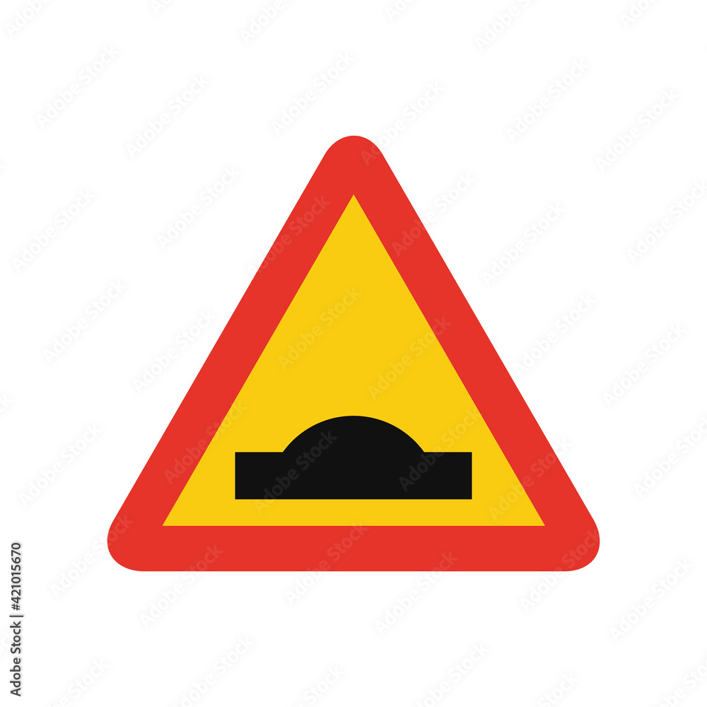 Triangular traffic signal in yellow and red, isolated on white background. Temporary warning of road hump Triangular traffic signal in yellow and red, isolated on white background. Temporary warning of road hump