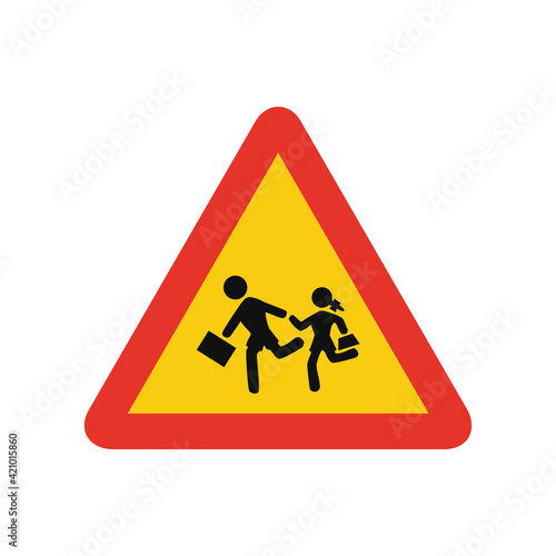 Triangular traffic signal in yellow and red, isolated on white background. Temporary warning of proximity of a school or playground