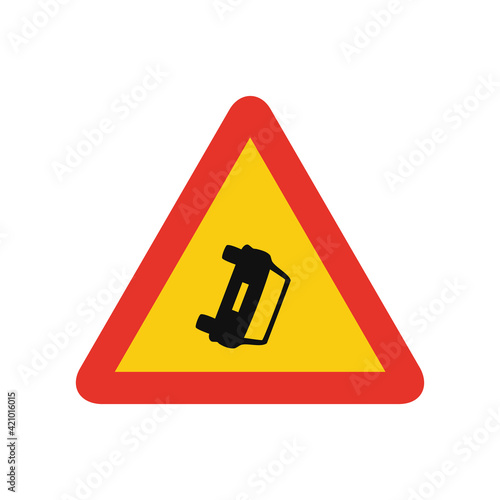 Triangular traffic signal in yellow and red, isolated on white background. Temporary warning of roadway obstruction