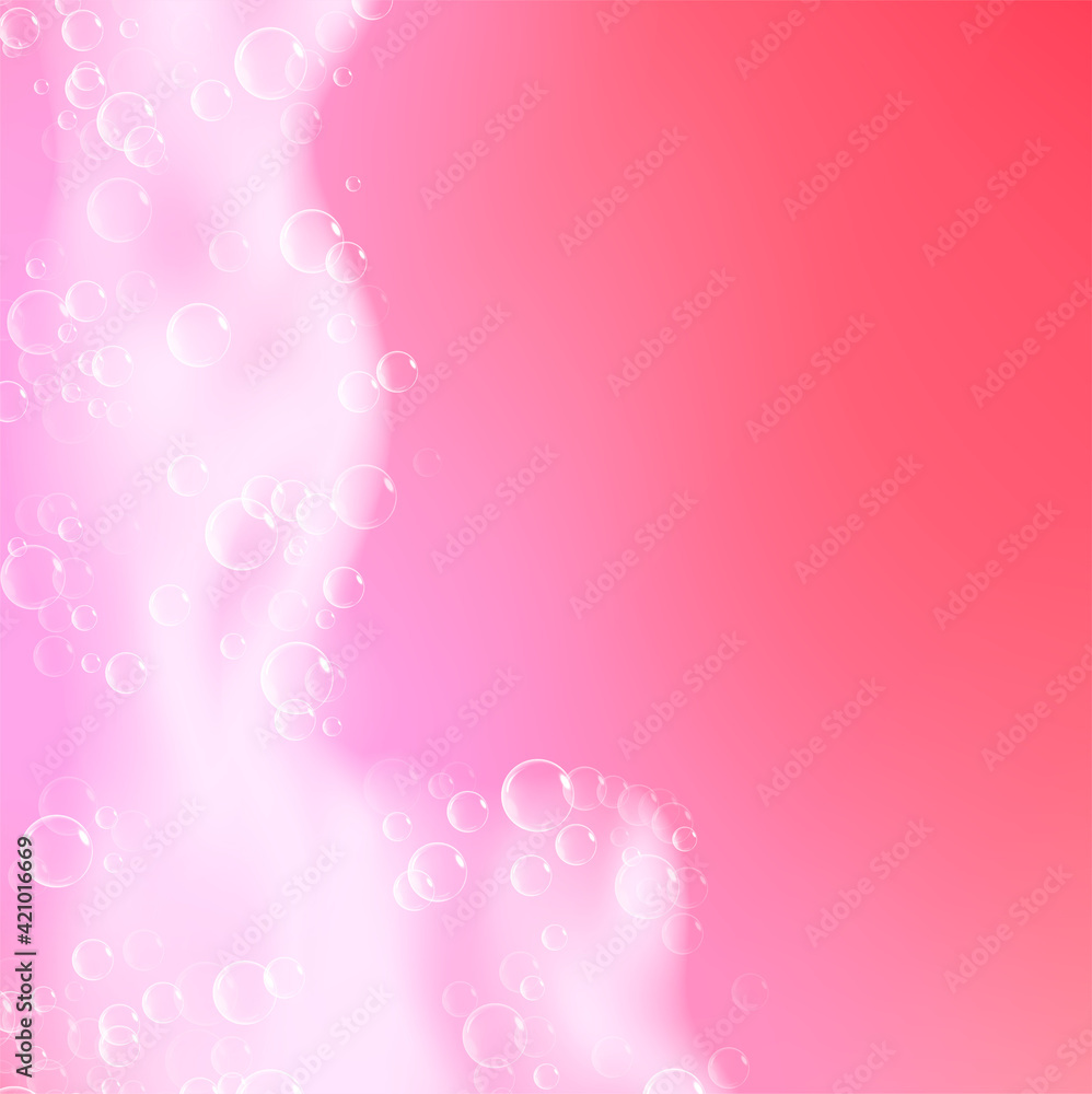 Beautiful light background with Bath pink foam and empty place for your text. Shampoo bubbles texture. Sparkling pink shampoo and bath lather. Vector realistic illustration. Beautiful light background with Bath pink foam and empty place for your text. Shampoo bubbles texture. Sparkling pink shampoo and bath lather. Vector realistic illustration.