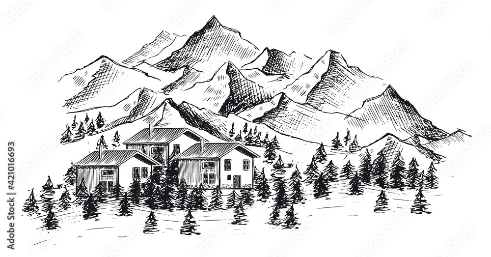 Mountain landscape, vector illustration, sketch style.