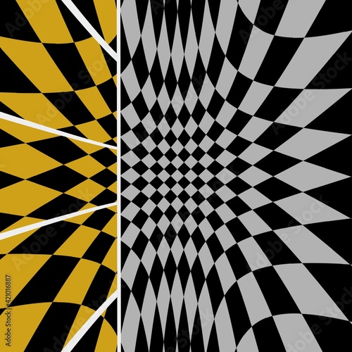 grey and black chequered pattern with contrasting yellow and black zone with white ladder frames