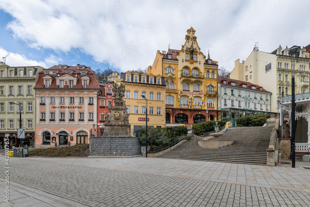 Center of spa town Karlovy Vary (Karlsbad) - pest column near Market colonnade