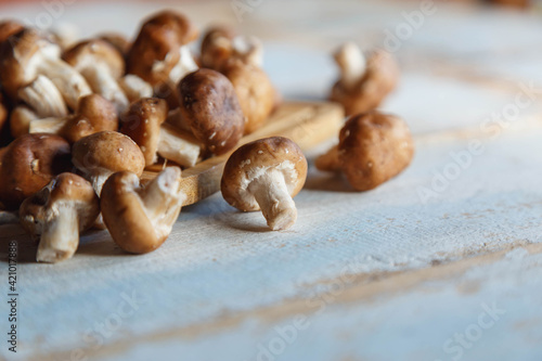 .Fresh shiitake mushrooms on the wooden kitchen table
