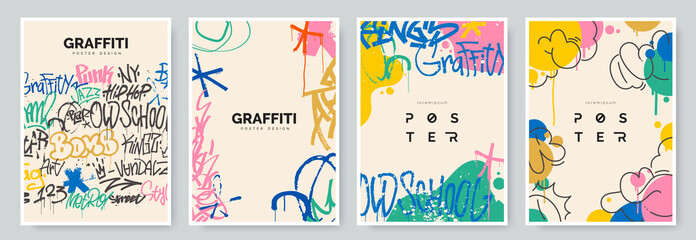 Papier peint photo Graffiti Abstract graffiti poster with colorful tags, paint splashes, scribbles and throw up pieces. Street art background collection. Artistic covers set in hand drawn graffiti style. Vector illustration  © alexandertrou