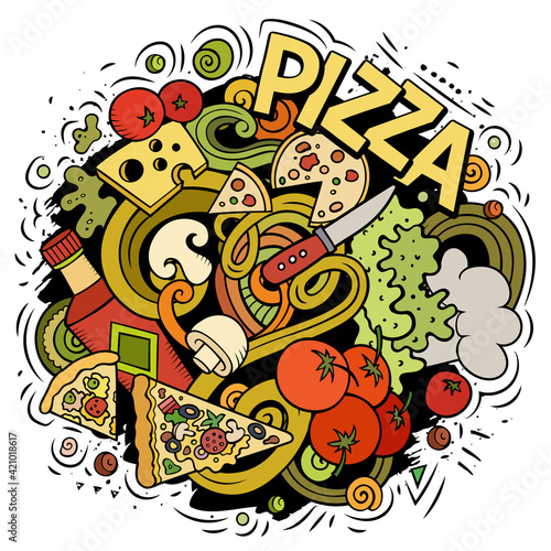 Pizza cartoon doodle illustration. Funny design.
