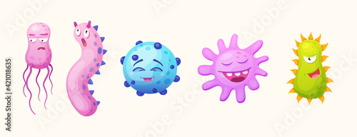 Microorganism  bacteria  microbes  cute germs  virus cell  bacillus with funny smiley faces. Viruses bacteria emoticon  microbe monsters smiling pathogen microbes coronavirus cartoon characters