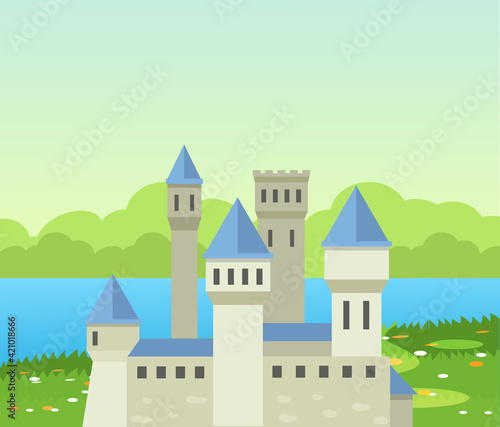 Castle medieval tower. The fairytale medieval tower,princess castle, fortified palace with gates, medieval buildings, historical towered house cartoon on background of beautiful nature