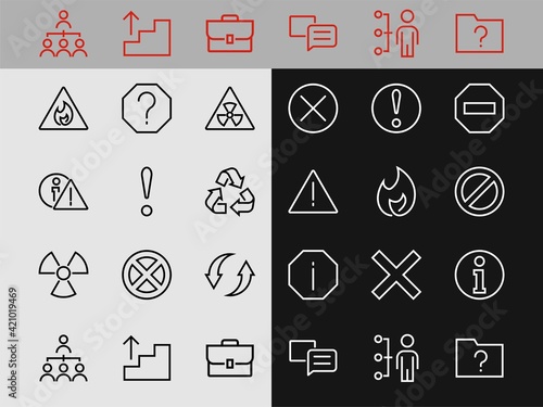 WARNINGS simple set of thin line vector icons. Contains icons such as warning, exclamation mark, reuse, warning sign and more. Editable stroke. Vector illustration