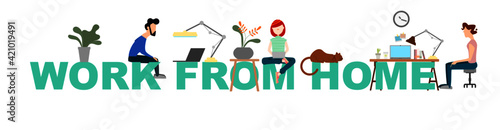 Work at home concept. New normal theme. People work comfortably on a private space.Vector illustration Flat design