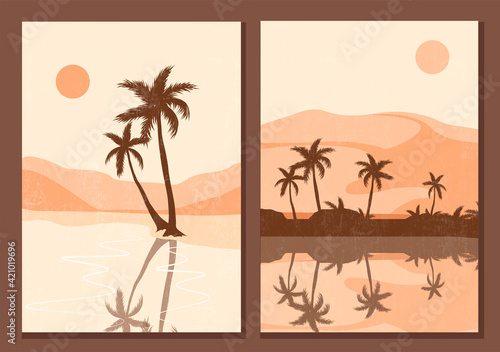 Mid century sunset print. Boho minimalist printable wall art. Abstract home decor with sun print bohemian art work. Vector illustration