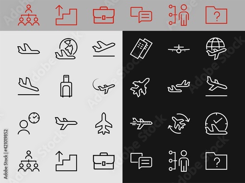 A simple set of airport related vector line icons. Contains badges such as departure, boarding, waiting time, boarding, find a place to travel tickets, and much more. Editable stroke. 48x48 pixels
