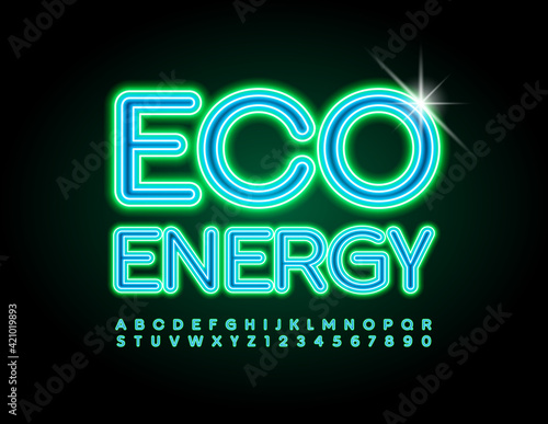 Vector neon sign Eco Energy. Bright glowing Font. Illuminated Led Alphabet Letters and Numbers set