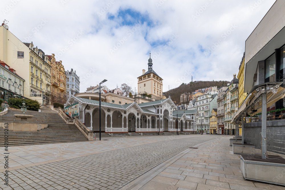 The Market Colonnade in the center of famous czech spa town Karlovy Vary (Karlsbad), Czech Republic