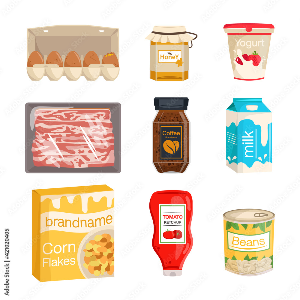 Breakfast food set. Eggs, honey, yogurt, bacon, coffee, milk, corn flakes, tomato ketchup and beans. Vector illustration. Breakfast food set. Eggs, honey, yogurt, bacon, coffee, milk, corn flakes, tomato ketchup and beans. Vector illustration.