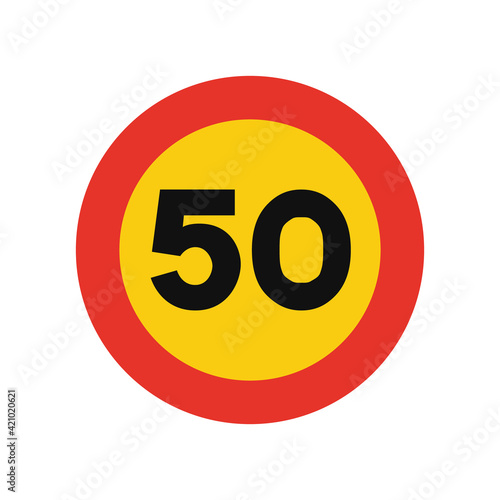 Rounded traffic signal in yellow and red, isolated on white background. Temporary speed limit of fifty