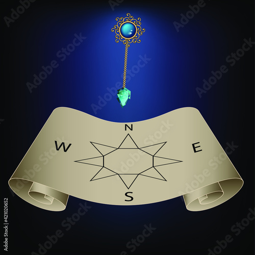 Vector illustration of magic search old maps with a pendulum crystal, the occult