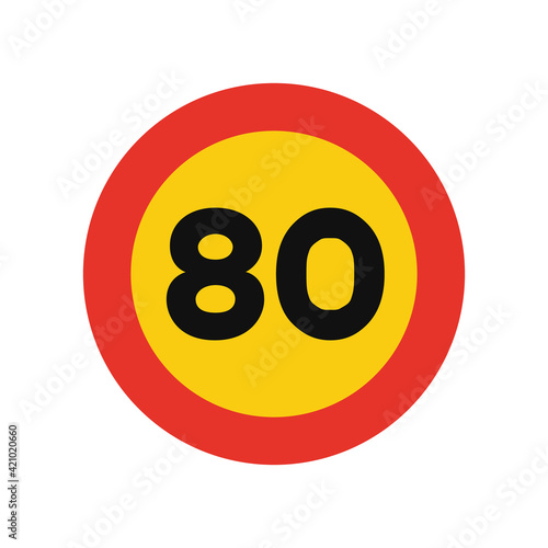 Rounded traffic signal in yellow and red, isolated on white background. Temporary speed limit of eighty