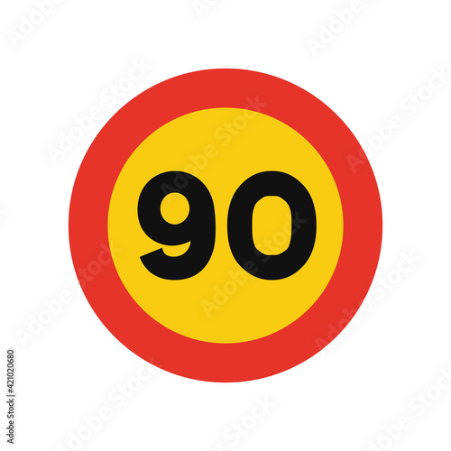 Rounded traffic signal in yellow and red, isolated on white background. Temporary speed limit of ninety