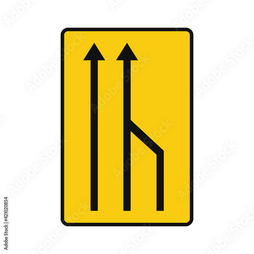 Rectangular traffic signal in yellow and black, isolated on white background. Temporary end of right lane for traffic