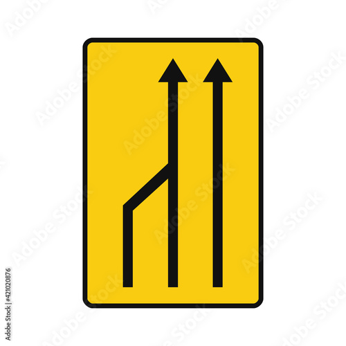 Rectangular traffic signal in yellow and black, isolated on white background. Temporary end of left lane for traffic