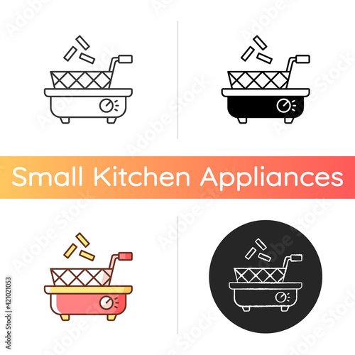 Deep fryer icon. Preparing french fries. Cooking junk food. Household electric utensil. Tabletop basket. Small kitchen appliance. Linear black and RGB color styles. Isolated vector illustrations