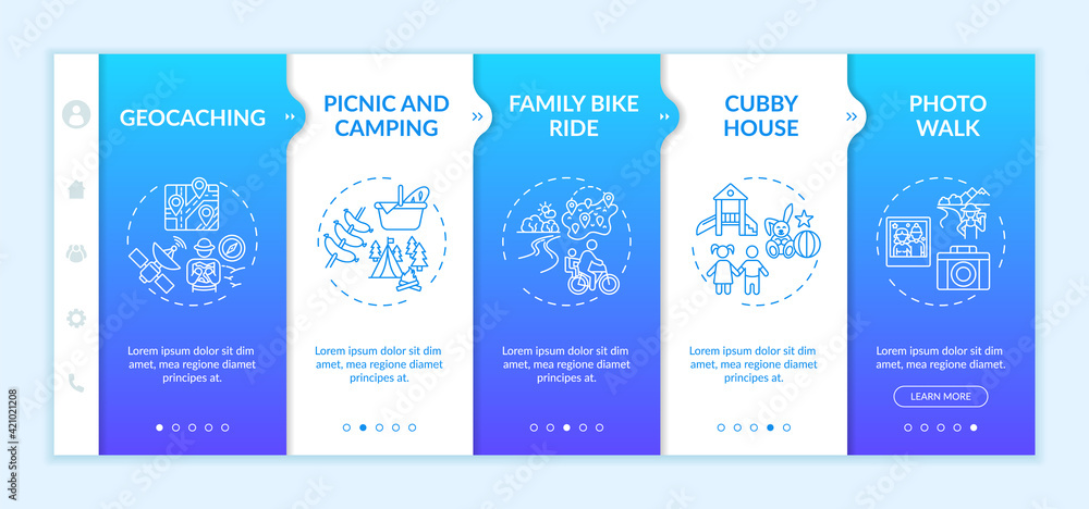 Outdoor family activities onboarding vector template. Cubby house. Photo walk and geocaching. Responsive mobile website with icons. Webpage walkthrough step screens. RGB color concept