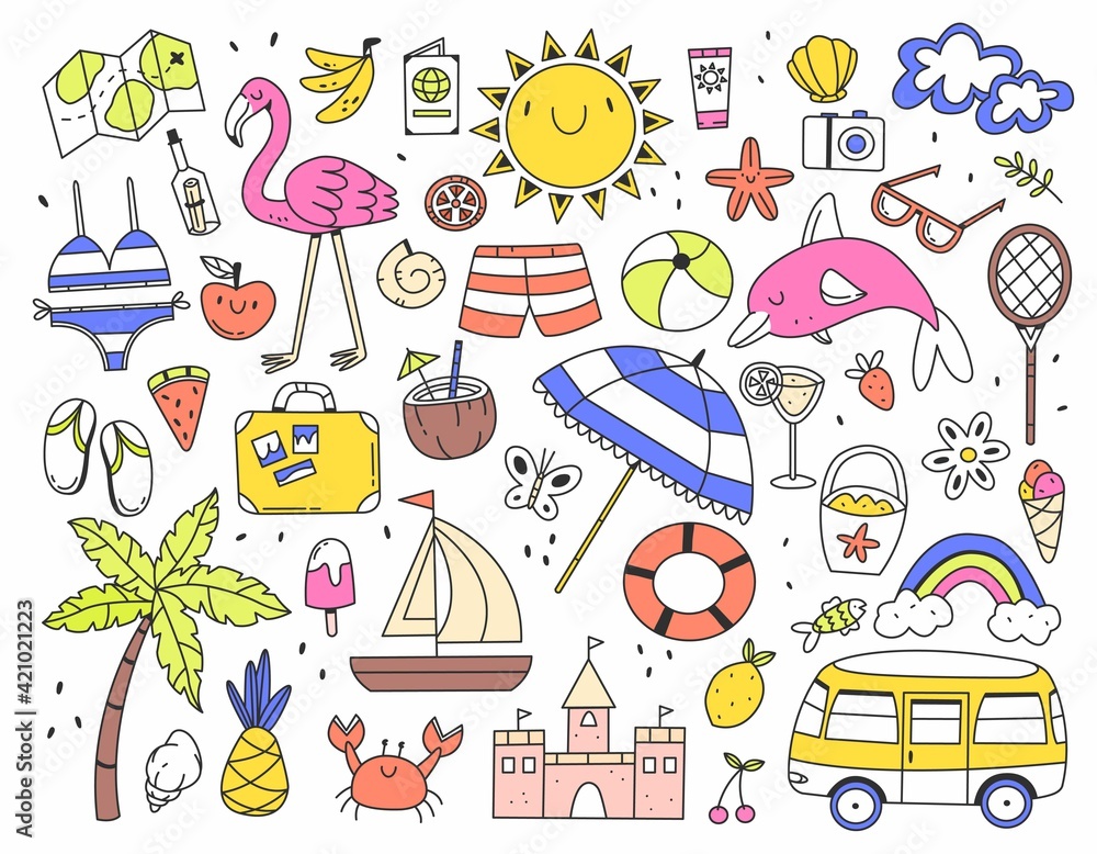 Large set of color different summer items doodle style isolated on white background. Vector doodle illustration.