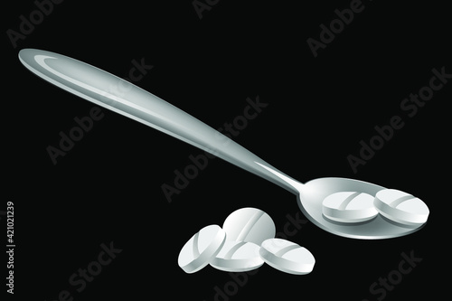 Vector illustration of round tablets on a spoon medicine for the treatment of a disease
