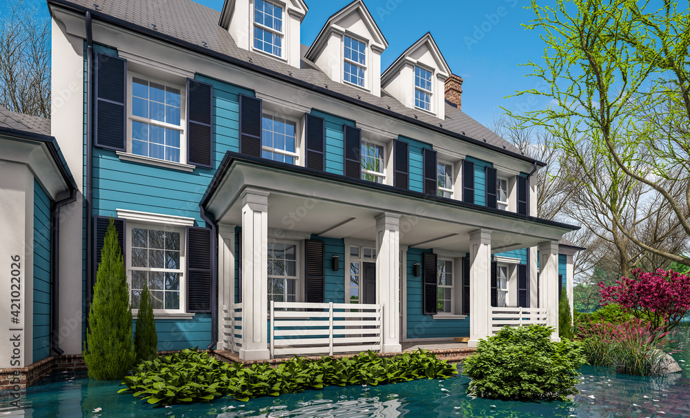 3d rendering of classic house in colonial style in spring water cataclysm. House is experiencing a devastating flood. General evacuation is underway